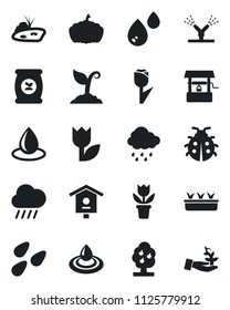 Set of vector isolated black icon - flower in pot vector, sproute, lady bug, seedling, water drop, rain, well, pumpkin, seeds, bird house, fertilizer, tulip, pond, fruit tree, irrigation, palm