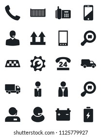 Set of vector isolated black icon - taxi vector, office phone, 24 hours, support, cargo container, car delivery, up side sign, search, cell, mobile, call, root setup, waiter, battery
