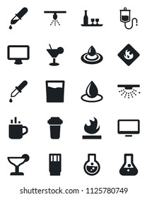 Set of vector isolated black icon - hot cup vector, water drop, dropper, flammable, monitor, alcohol, drink, cocktail, filter, sprinkler, flask