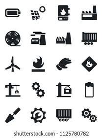 Set of vector isolated black icon - factory vector, trowel, glove, truck trailer, flammable, reel, battery, root setup, sun panel, windmill, crane, water heater, gear