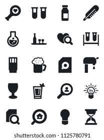 Set of vector isolated black icon - bulb vector, blood test vial, thermometer, heart diagnostic, ampoule, fragile, document search, water supply, estate, alcohol, drink, phyto bar, beer, consumer