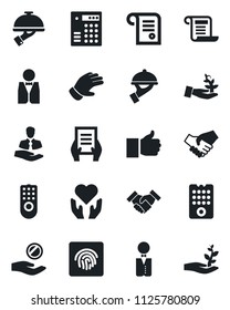 Set of vector isolated black icon - document vector, glove, heart hand, client, finger up, fingerprint id, handshake, waiter, remote control, combination lock, palm sproute, investment, contract