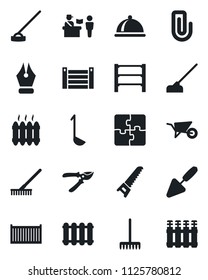 Set of vector isolated black icon - passport control vector, trowel, rake, wheelbarrow, pruner, saw, hoe, cargo container, rack, application, paper clip, ink pen, heater, dish, ladle, radiator