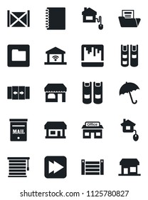 Set of vector isolated black icon - automatic door vector, umbrella, shop, book, store, container, fast forward, scanner, folder, copybook, document, mailbox, home control, jalousie, garage gate