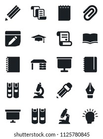 Set of vector isolated black icon - contract vector, book, graduate, desk, notepad, presentation board, microscope, notes, copybook, paper clip, ink pen, pencil, shining head