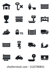 Set of vector isolated black icon - railroad vector, sea shipping, truck trailer, cargo container, car delivery, port, fragile, no hook, warehouse, heavy scales, rack