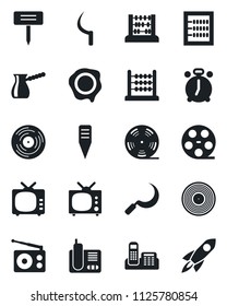 Set of vector isolated black icon - alarm clock vector, abacus, stamp, sickle, plant label, reel, vinyl, radio, tv, phone, office, turkish coffee, rocket