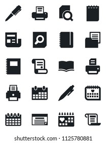 Set of vector isolated black icon - book vector, document search, pen, notepad, calendar, printer, contract, medical, folder, copybook, news, schedule