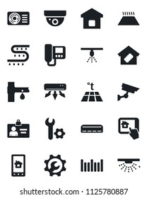 Set of vector isolated black icon - identity card vector, drip irrigation, barcode, root setup, air conditioner, smart home, intercome, control app, warm floor, surveillance, sprinkler