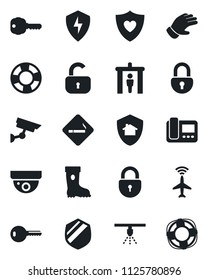 Set of vector isolated black icon - plane radar vector, security gate, smoking place, lock, glove, boot, heart shield, protect, key, intercome, home, surveillance, sprinkler, crisis management