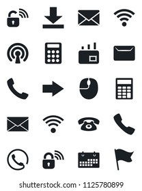 Set of vector isolated black icon - right arrow vector, mail, mouse, call, download, wireless, calendar, calculator, phone, lock, flag