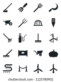 Set of vector isolated black icon - fence vector, garden fork, farm, rake, wheelbarrow, hoe, sickle, plant label, pumpkin, greenhouse, sprayer, drip irrigation, windmill