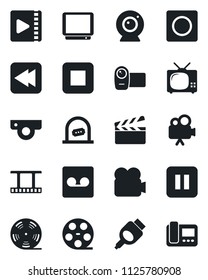 Set of vector isolated black icon - ticket office vector, clapboard, film frame, reel, tv, video camera, pause button, stop, rewind, hdmi, record, web, intercome