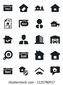 Set of vector isolated black icon - office building vector, house, with garage, tree, estate document, sale, rent, sold signboard, search, agent, smart home, insurance, eco, message
