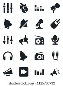 Set of vector isolated black icon - flame disk vector, microphone, radio, loudspeaker, settings, equalizer, headphones, fast forward, rca, bell, mute, advertising