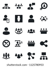 Set of vector isolated black icon - spoon and fork vector, male, speaking man, meeting, patient, group, user, company, hr, client search, social media, hierarchy