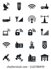 Set of vector isolated black icon - wireless notebook vector, office phone, satellite antenna, remote control, radio, cellular signal, lock, router, garage gate