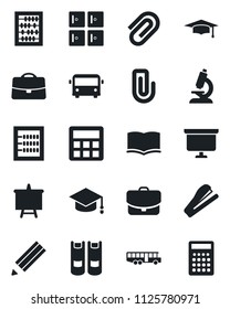 Set of vector isolated black icon - airport bus vector, checkroom, book, graduate, abacus, presentation board, microscope, calculator, case, paper clip, pencil, stapler