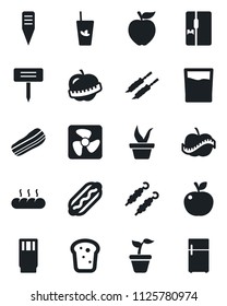 Set of vector isolated black icon - seedling vector, plant label, diet, fridge, drink, phyto bar, bacon, bread, kebab, hot dog, apple fruit, fan
