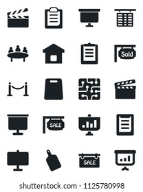 Set of vector isolated black icon - fence vector, flight table, presentation board, meeting, clipboard, clapboard, sale, sold signboard, smart home, cutting, chip