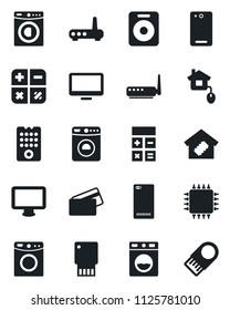 Set of vector isolated black icon - washer vector, calculator, monitor, speaker, phone back, smart home, credit card, control, chip, remote, router, usb flash