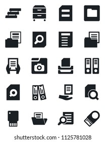 Set of vector isolated black icon - office binder vector, document search, folder, photo gallery, paper tray, archive box, usb flash