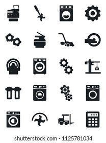Set of vector isolated black icon - washer vector, fork loader, gear, ripper, lawn mower, tomography, copier, crane, water filter, combination lock