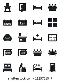 Set of vector isolated black icon - baby room vector, bed, checkroom, meeting, fireplace, hospital, plan, rent, rooms, bedroom, cushioned furniture, door