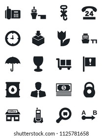 Set of vector isolated black icon - important flag vector, store, cash, office phone, 24 hours, client, clock, sea port, fragile, cargo, umbrella, no hook, tulip, package, heavy, oil barrel, search