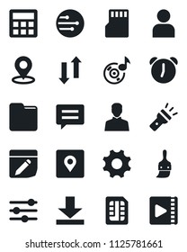 Set of vector isolated black icon - message vector, settings, tuning, themes, user, calculator, alarm, sd, sim, network, folder, notes, data exchange, download, torch, place tag, music, video