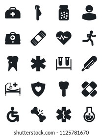 Set of vector isolated black icon - heart pulse vector, doctor case, blood test vial, thermometer, pills bottle, patch, ambulance star, run, shield, hospital bed, disabled, caries, implant, patient