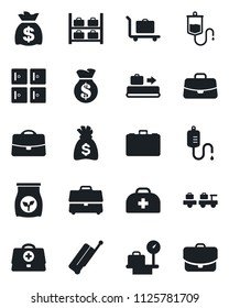 Set of vector isolated black icon - suitcase vector, baggage conveyor, trolley, larry, luggage storage, scales, checkroom, case, money bag, fertilizer, doctor, dropper