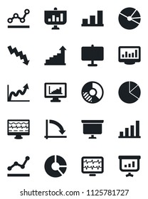 Set of vector isolated black icon - growth statistic vector, presentation board, crisis graph, circle chart, monitor pulse, statistics, bar, pie, point