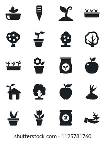 Set of vector isolated black icon - flower in pot vector, seedling, tree, sproute, plant label, fertilizer, fruit, salad, apple, eco house, palm