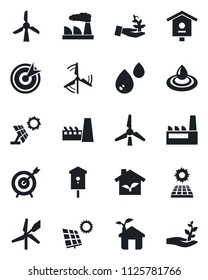 Set of vector isolated black icon - factory vector, bird house, sun panel, windmill, eco, water, target, palm sproute