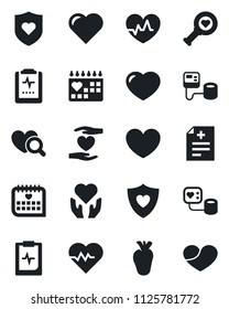 Set of vector isolated black icon - heart vector, pulse, diagnosis, blood pressure, diagnostic, shield, hand, real, medical calendar, clipboard