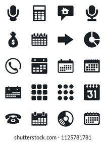 Set of vector isolated black icon - right arrow vector, calendar, circle chart, microphone, menu, calculator, phone, home message, money bag