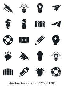 Set of vector isolated black icon - automatic door vector, brainstorm, bulb, pencil, fence, rolling pin, energy saving, shining head, idea, paper plane, crisis management