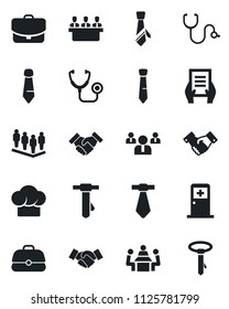 Set of vector isolated black icon - medical room vector, handshake, team, tie, document, stethoscope, meeting, cook hat, case