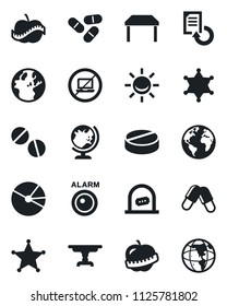 Set of vector isolated black icon - no laptop vector, ticket office, globe, document reload, pills, diet, earth, pie graph, table, police, alarm led