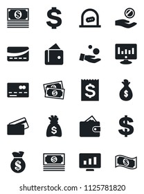 Set of vector isolated black icon - credit card vector, ticket office, dollar sign, money bag, statistic monitor, cash, receipt, wallet, investment