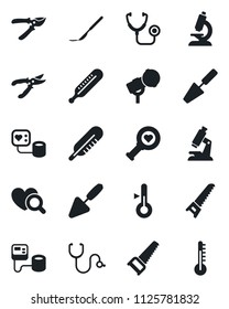 Set of vector isolated black icon - trowel vector, pruner, saw, stethoscope, blood pressure, thermometer, heart diagnostic, microscope, scalpel, microphone
