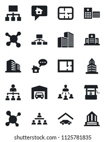 Set of vector isolated black icon - hierarchy vector, well, molecule, hospital, office building, garage, plan, home message