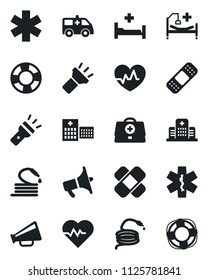 Set of vector isolated black icon - hose vector, heart pulse, doctor case, patch, ambulance star, car, hospital bed, loudspeaker, torch, crisis management