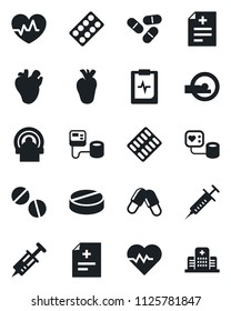 Set of vector isolated black icon - heart pulse vector, diagnosis, syringe, blood pressure, pills, blister, tomography, real, clipboard, hospital