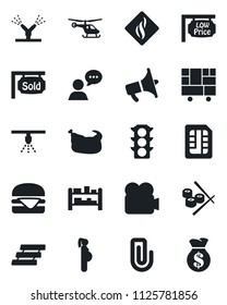 Set of vector isolated black icon - helicopter vector, pregnancy, traffic light, consolidated cargo, rack, loudspeaker, video camera, speaker, sim, paper clip, tray, sold signboard, low price, sushi
