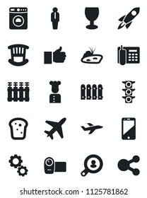 Set of vector isolated black icon - plane vector, washer, manager, traffic light, fragile, video camera, cell phone, finger up, office, pond, fence, client search, children room, cook, bread, gear