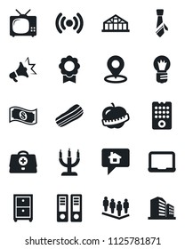 Set of vector isolated black icon - team vector, office binder, notebook pc, bulb, greenhouse, doctor case, diet, place tag, sertificate, tie, archive box, tv, bacon, candle, remote control, cash