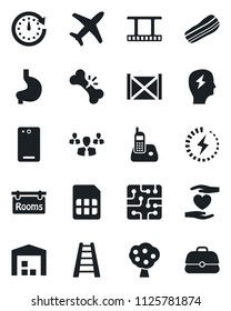 Set of vector isolated black icon - brainstorm vector, ladder, heart hand, stomach, broken bone, plane, container, film frame, radio phone, back, sim, charge, fruit tree, warehouse, rooms, bacon