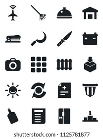 Set of vector isolated black icon - plane radar vector, pennant, document, rake, sickle, diagnosis, warehouse, package, camera, menu, update, stapler, fridge, dish, cutting board, knife, radiator